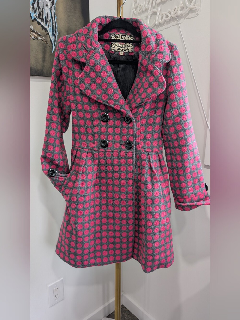Pink Martini Collection Double-Breasted Polka Dot Pea Coat - Gray & Pink Size M